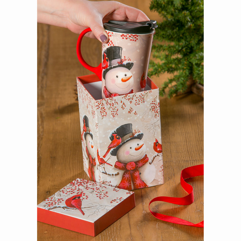Ceramic Travel Cup w/ Silicone Paint Handle, 17 OZ. w/Box, Snowman & Cardinal,3ctcs016605