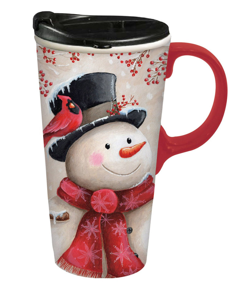 Ceramic Travel Cup w/ Silicone Paint Handle, 17 OZ. w/Box, Snowman & Cardinal,3ctcs016605
