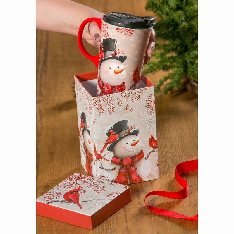 Ceramic Travel Cup w/ Silicone Paint Handle, 17 OZ. w/Box, Snowman & Cardinal,3ctcs016605