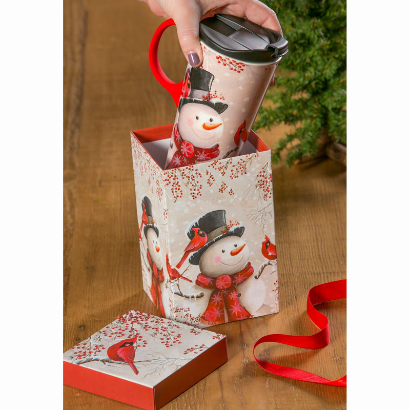 Ceramic Travel Cup w/ Silicone Paint Handle, 17 OZ. w/Box, Snowman & Cardinal,3ctcs016605