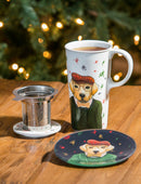 Cermaic Travel Cup w/Infuser and lid, 17OZ., w/ metallic accents and box, Holiday Dog,3cti6668b