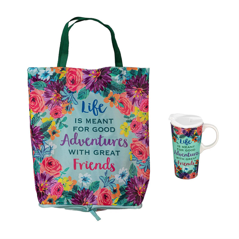 Life Is Meant For Good Adventures Ceramic Perfect Cup and Compact Tote Giftset, 17oz, Gift Box