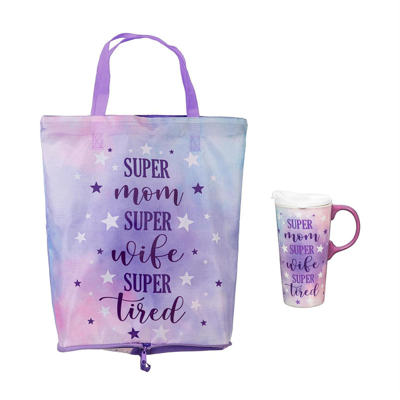 Super Mom Super Wife Super Tired Ceramic Perfect Cup and Compact Tote Giftset, 17oz, Gift Box