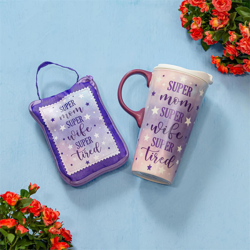 Super Mom Super Wife Super Tired Ceramic Perfect Cup and Compact Tote Giftset, 17oz, Gift Box
