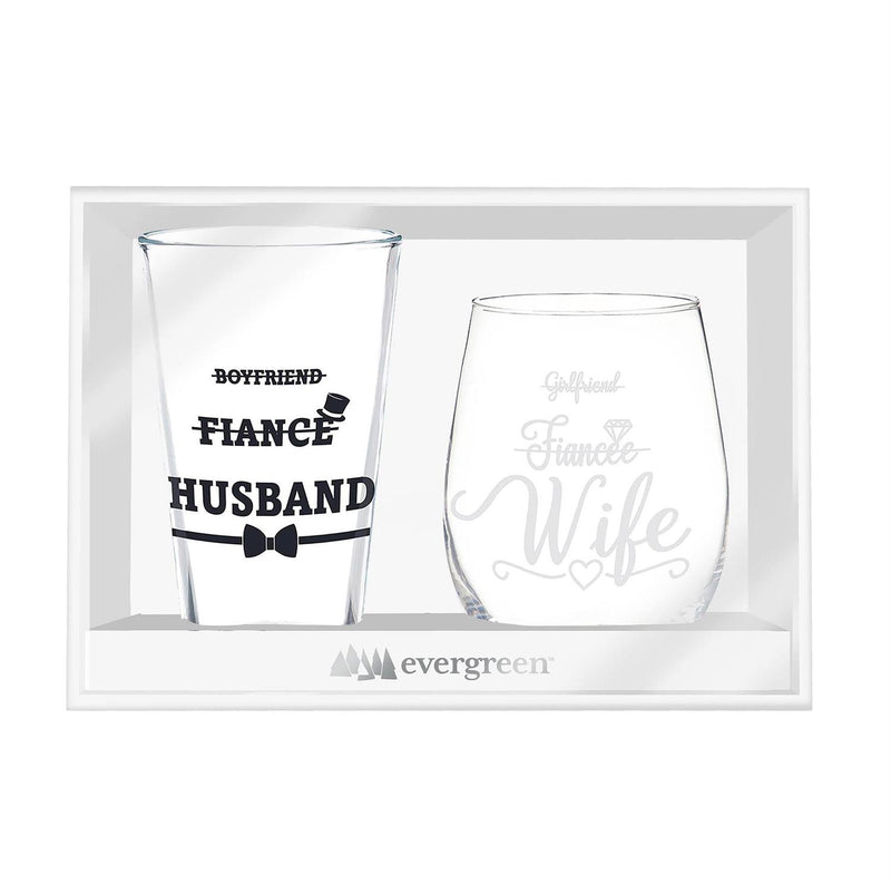 Wedding Stemless Glass and Beer Pint Giftset, 17oz and 16oz, Gift Box