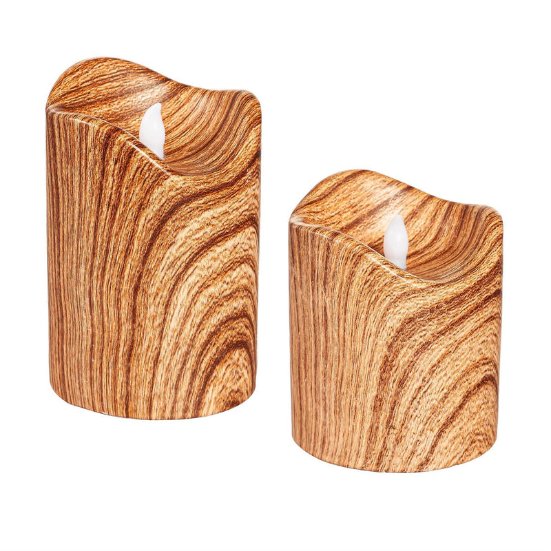 LED Round Candle with Natural Wood Pattern, Set of 2