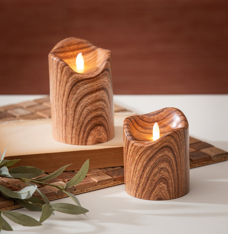 LED Round Candle with Natural Wood Pattern, Set of 2