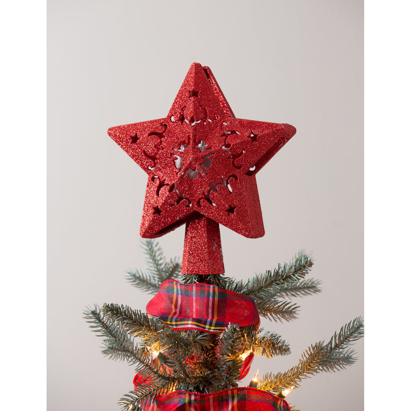LED Red Glitter Star Tree Topper with Projected Icons