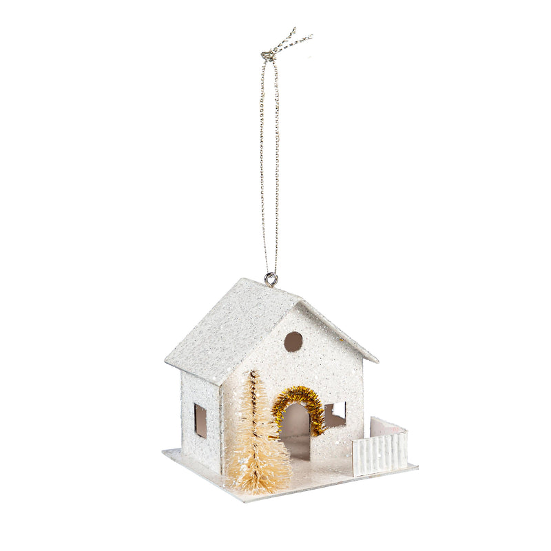 VivaStyle Ornament, Paper Ornament, House with Bottle Brush Trees, 2.75"H, Set of 3
