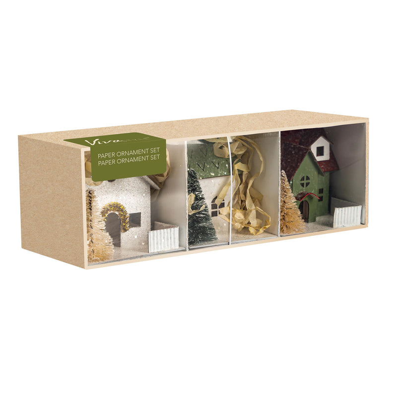 VivaStyle Ornament, Paper Ornament, House with Bottle Brush Trees, 2.75"H, Set of 3