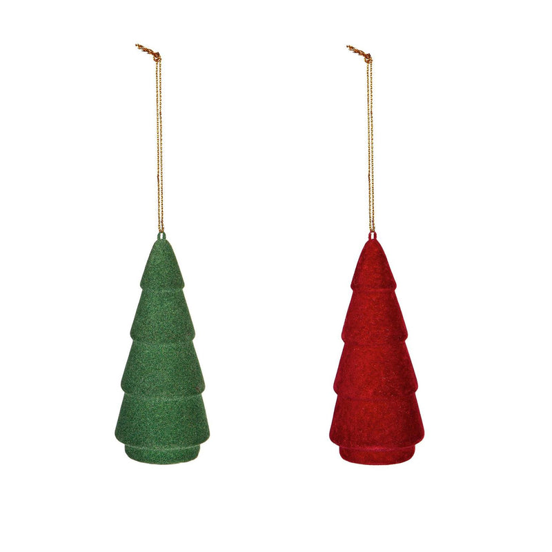 4" Flocked Ceramic Tree Ornament, 2 Asst, Red/Green