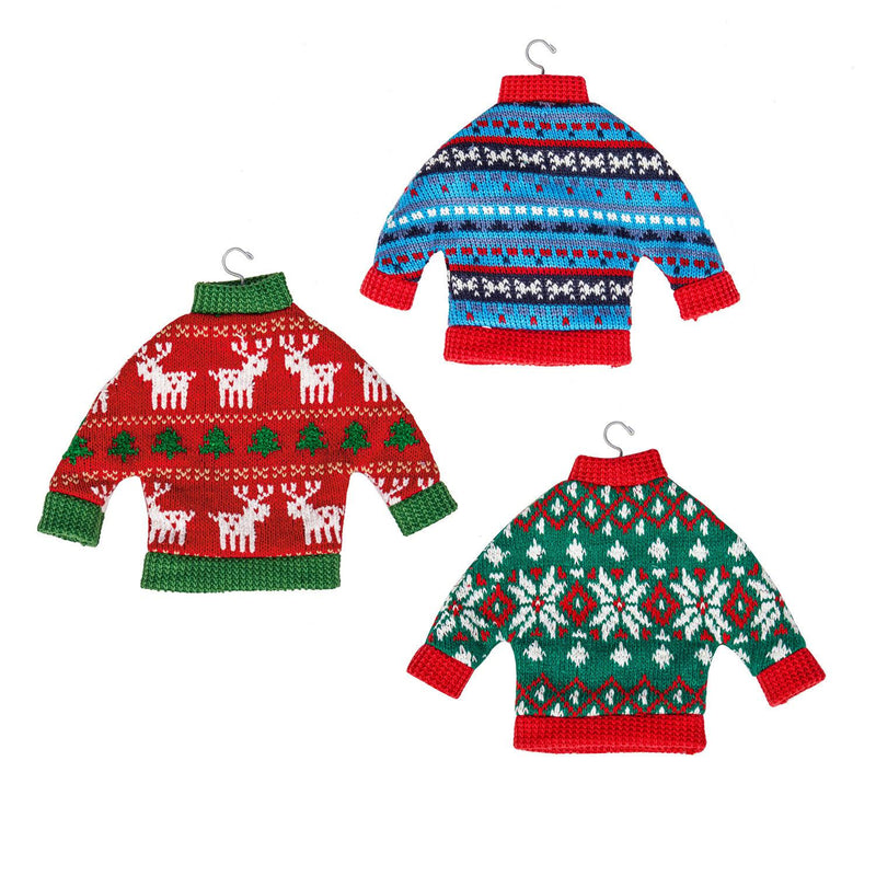 Fabric Holiday Sweater Ornament, 3 Asst: Red/Blue/Green