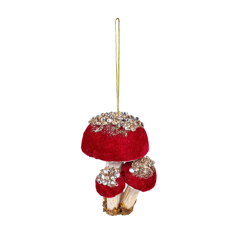 Woodland Storybook Ornament Fabric Mushroom with Glitter, 4"H, Asst of 3
