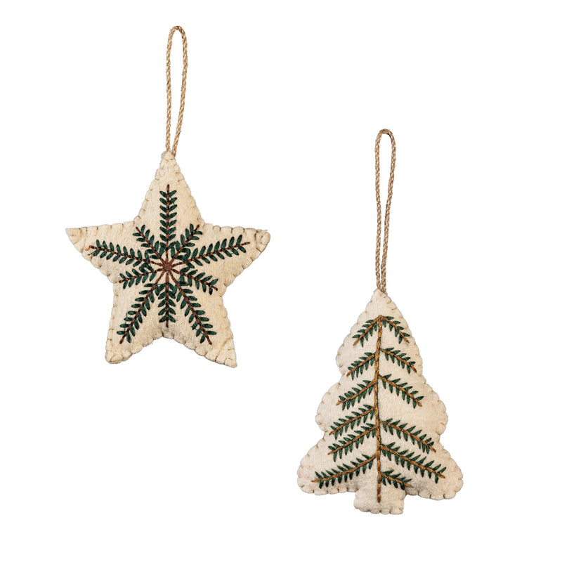 VivaStyle Ornament, Fabric Ornament, Embroidered Holiday Icon with Pine Stem, Asst of 2