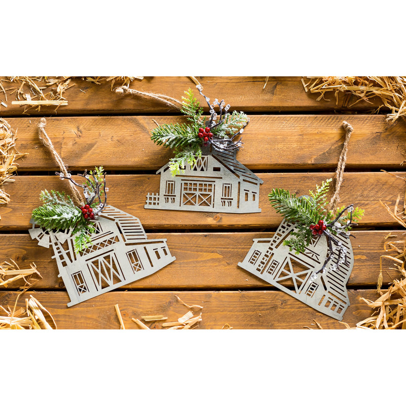 Metal Barn Ornament with Artificial, 3 Asst,3otm229