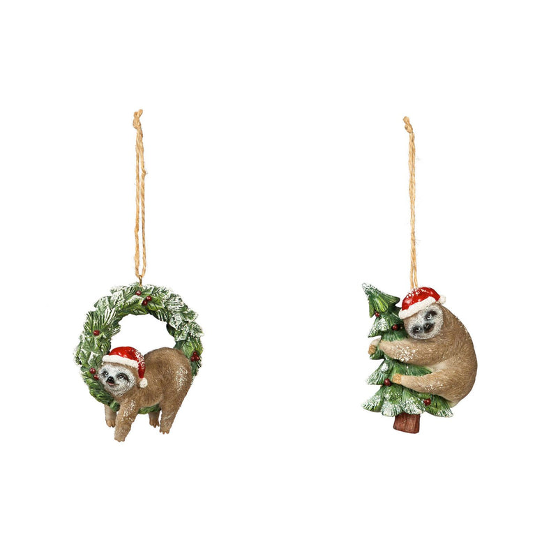 Resin Sloth with Santa Hat Ornament, 2 Asst,3otr122