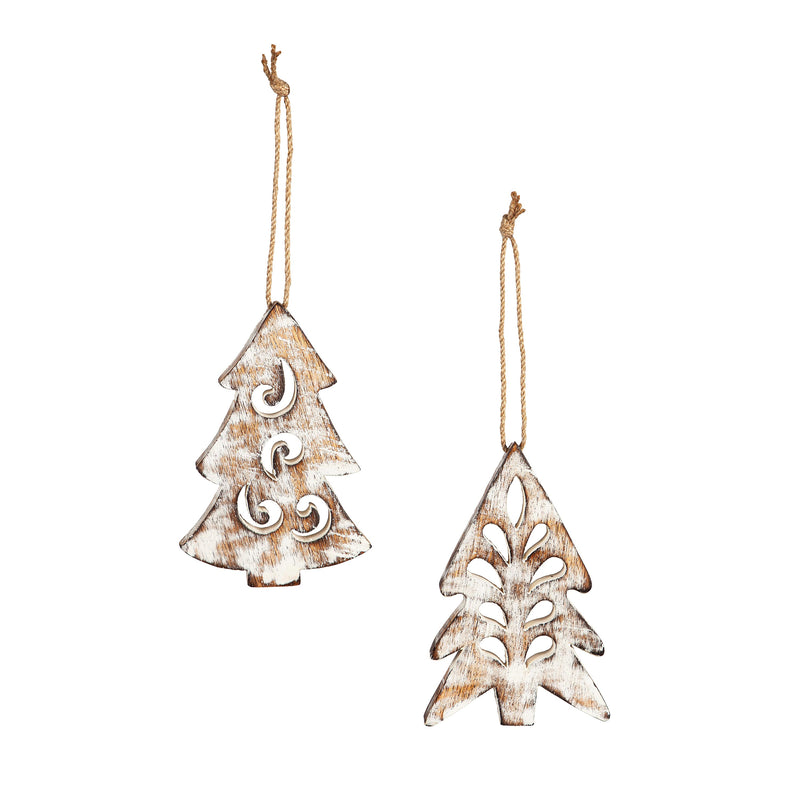 6" Wood White Wash Ornament, 2 Assorted