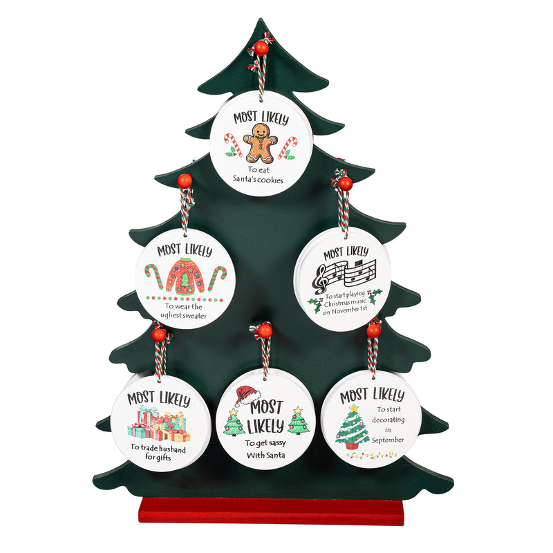 Traditional Santa Ornament Christmas Most Likely To... Round Wood with Wood Display
