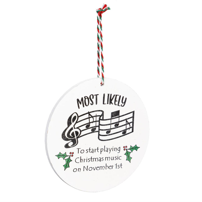 Traditional Santa Ornament Christmas Most Likely To... Round Wood with Wood Display