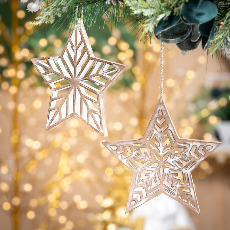 VivaStyle Ornament, Wood Ornament, Snowflake Star, 7.5"H, Asst of 2