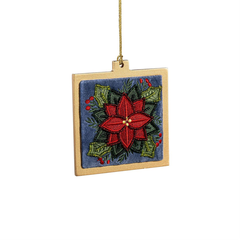 Holiday Poinsettia Ornament Poinsettia Beaded Square Wood and Fabric, Asst, 4.5"H