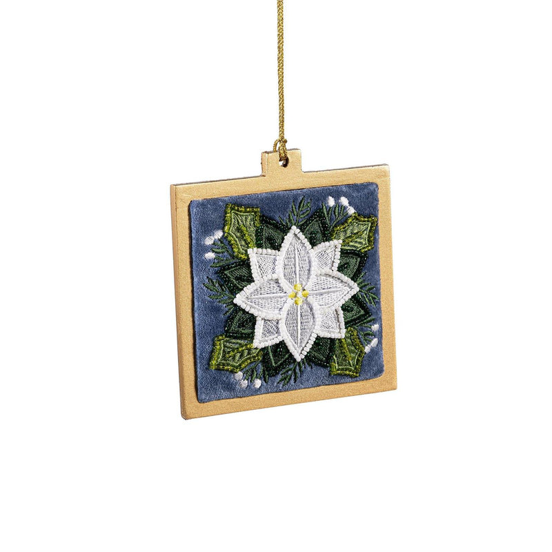 Holiday Poinsettia Ornament Poinsettia Beaded Square Wood and Fabric, Asst, 4.5"H