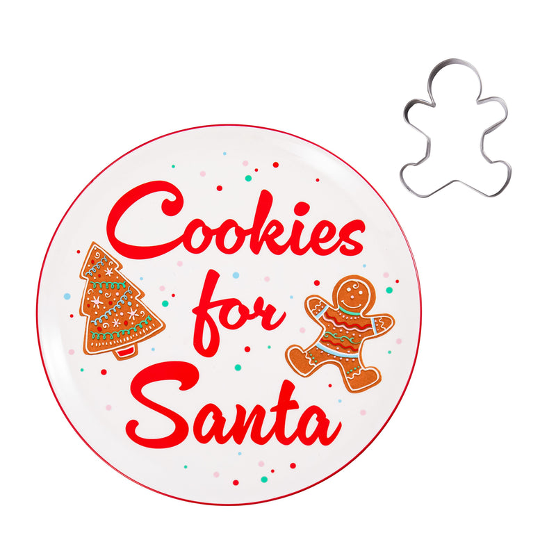 8" Ceramic Cookies for Santa Plate with Cookie Cutter Set, Gingerbread,3set021