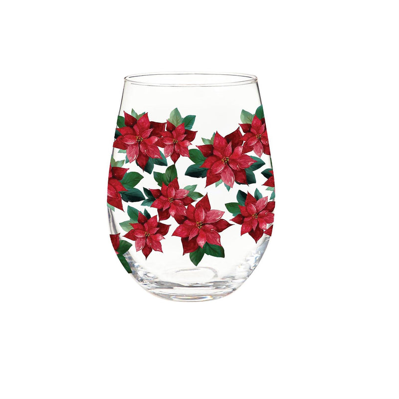 Holiday Poinsettia Wine Glass Stemless Glass, Poinsettia Bliss, 17oz, Gift Box