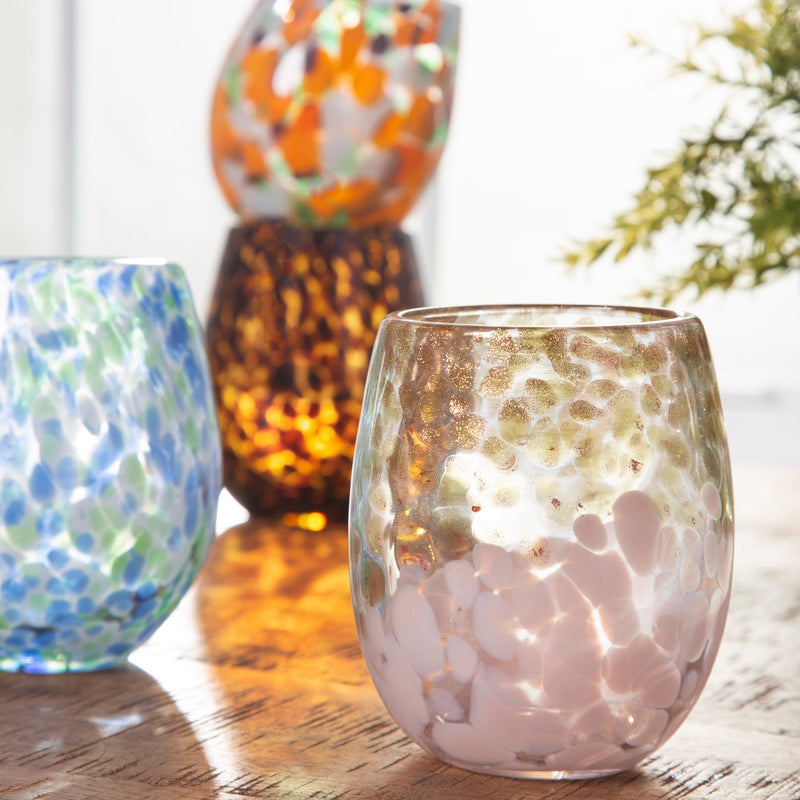 13 oz Stemless Hand Blown Glass with Gift Box, Gold and White,3sl1018