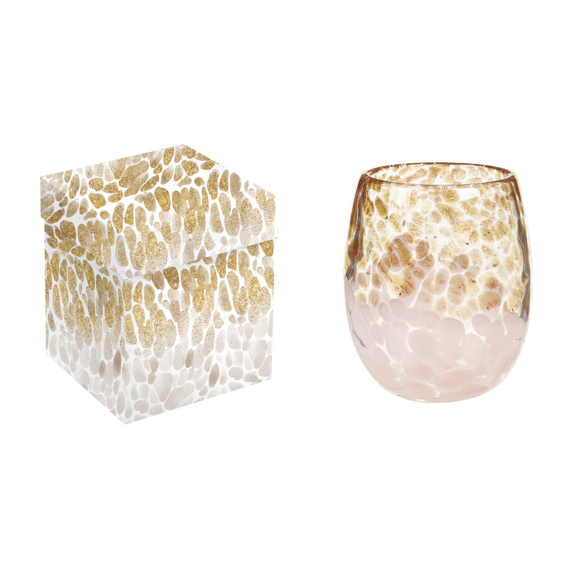 13 oz Stemless Hand Blown Glass with Gift Box, Gold and White,3sl1018