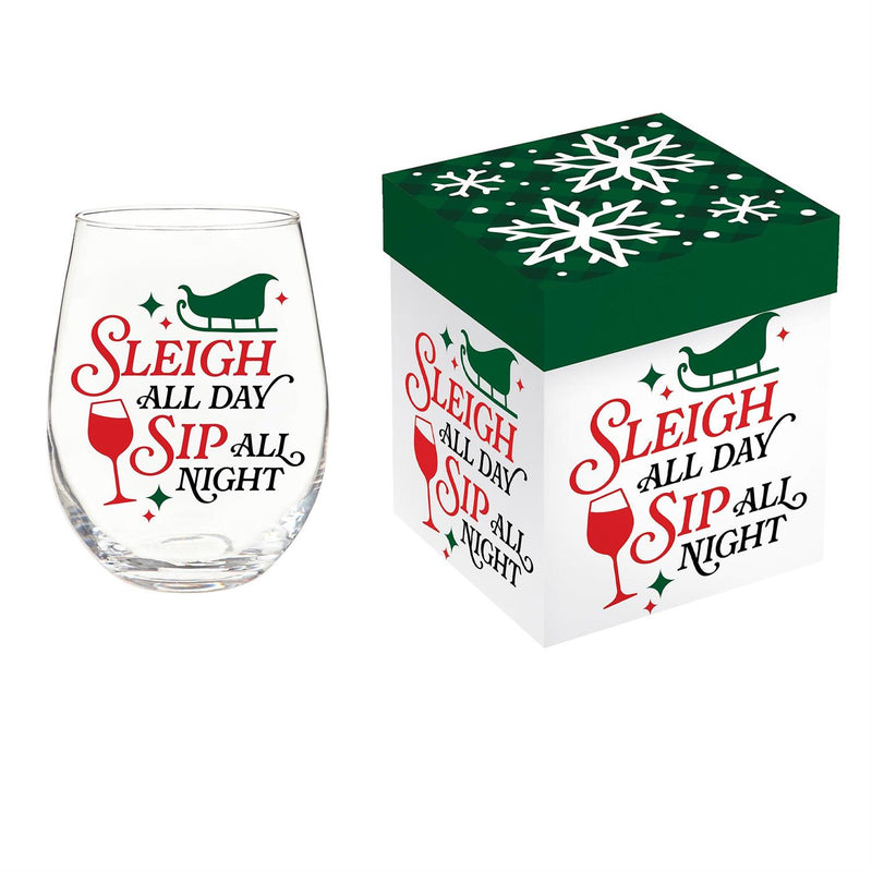Christmas Vacation Wine Glass Stemless Glass, Sleigh All Day, 17oz, Gift Box