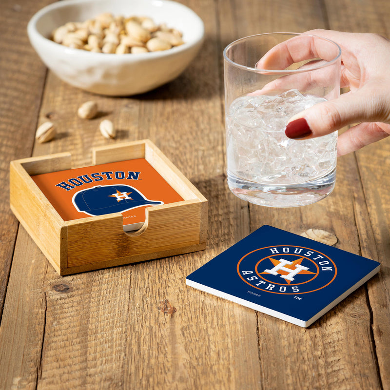 Houston Astros Ceramic Coasters Set, 4pcs with Wood Caddy