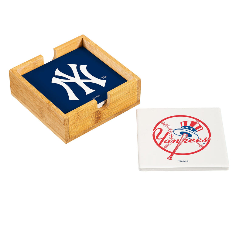 New York Yankees Ceramic Coasters Set, 4pcs with Wood Caddy