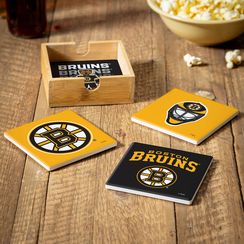 Boston Bruins Ceramic Coasters Set, 4pcs with Wood Caddy