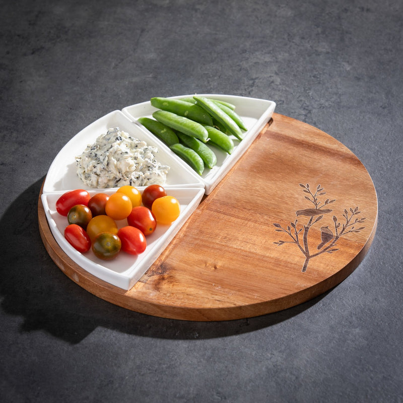 12" Wood Round Server with 3 Ceramic Dishes Set