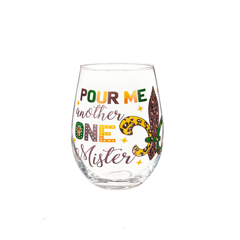 Mardi Gras Fleur De Lis Stemless Glass, 17oz, Gift Box