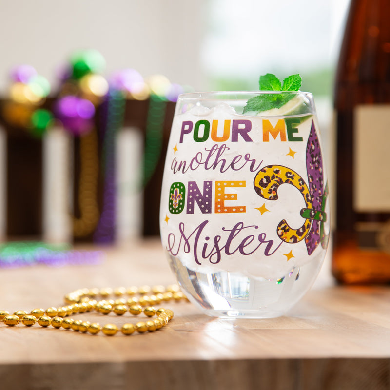 Mardi Gras Fleur De Lis Stemless Glass, 17oz, Gift Box