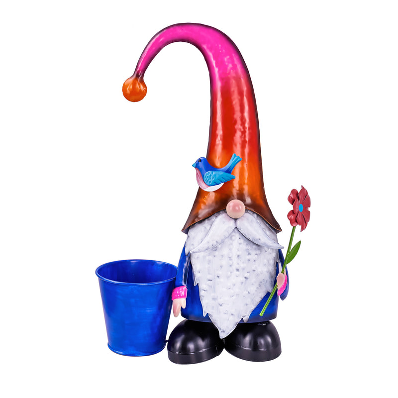 Evergreen Statuary,17.75"H Metal Spring Brights Gnome Garden Statuary with Planter,4.72x11.02x17.72 Inches