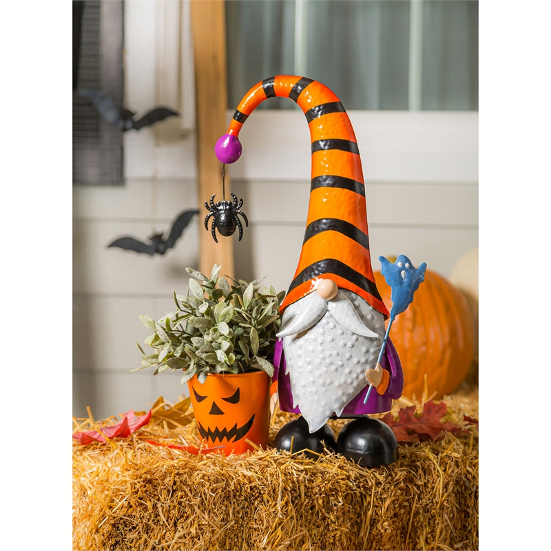 Evergreen Statuary,17.75"H Metal Halloween Gnome Garden Statuary with Planter,11.02x4.72x17.72 Inches