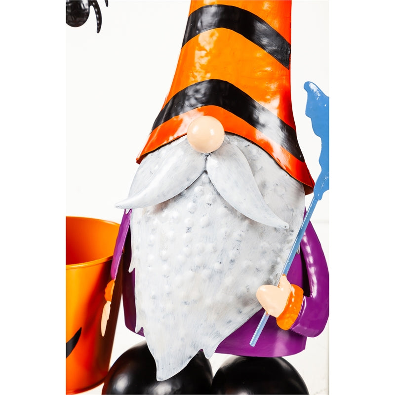 Evergreen Statuary,17.75"H Metal Halloween Gnome Garden Statuary with Planter,11.02x4.72x17.72 Inches