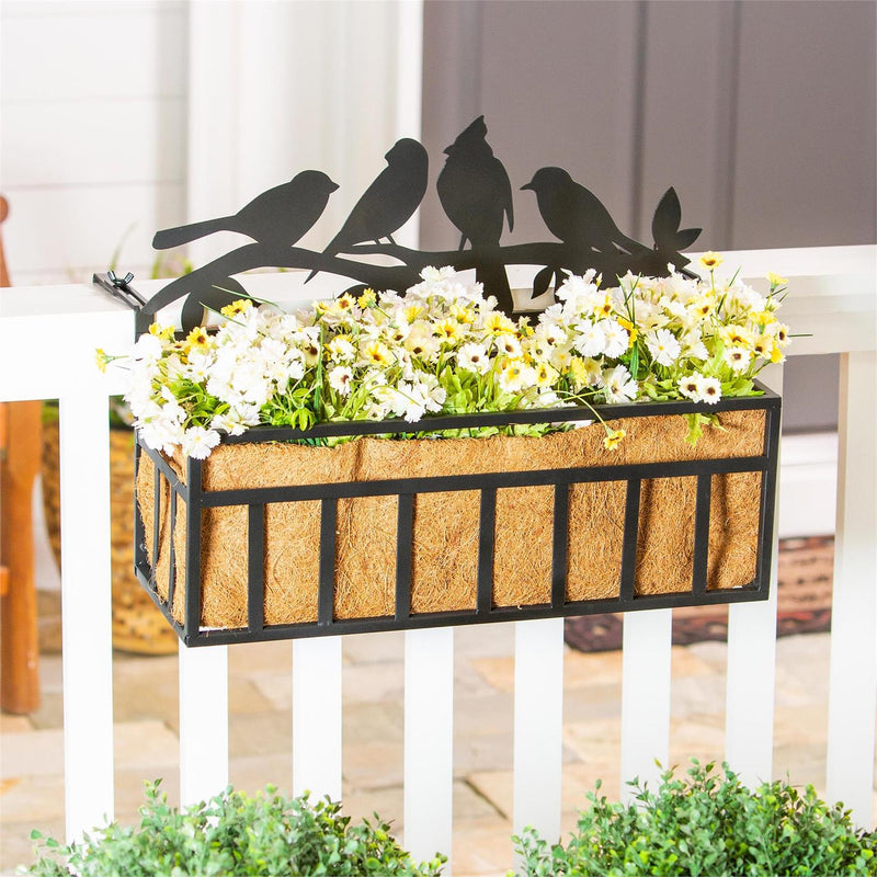 Black Railing Planter with Topper, Birds on a Branch