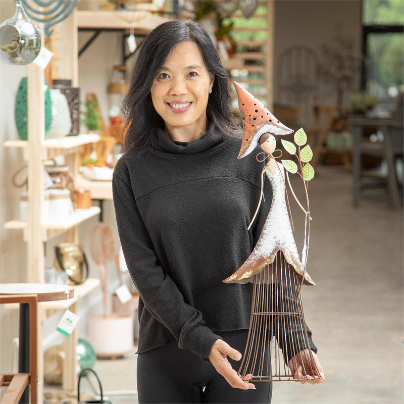 Red Metal Mushroom Fairy Statuary