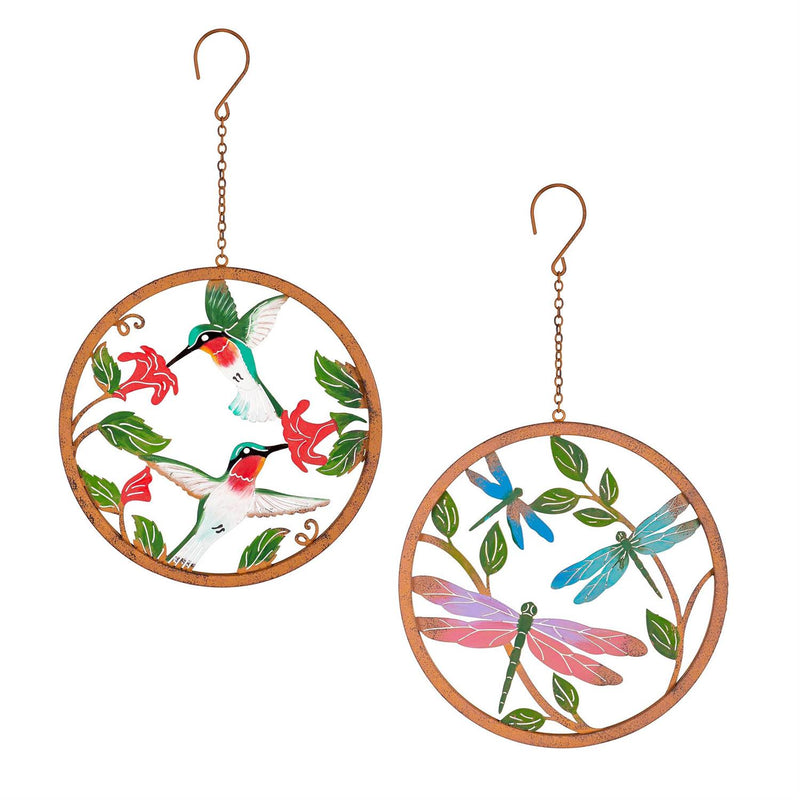 Pollinator Garden Décor, Rustic Friends Hand Painted Outdoor Hanging Décor, 10"D, Set of 2