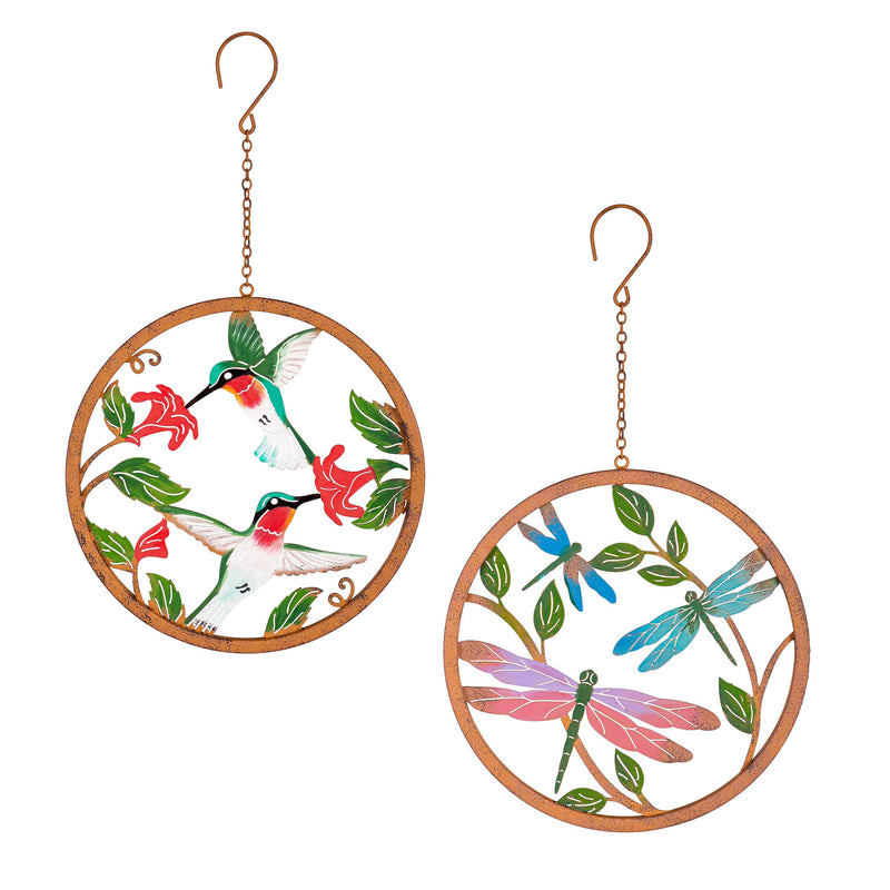 Pollinator Garden Decor, Rustic Friends Hand Painted Outdoor Hanging Decor, 10"D, Set of 2