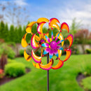 Metal Wind Spinner, Purple & Orange Disc Flower, 75"H