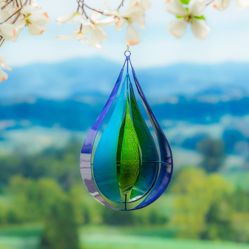 Palm Beach Wind Spinner, Metal Wind Twirler, Blue & Green Teardrop, 16"H