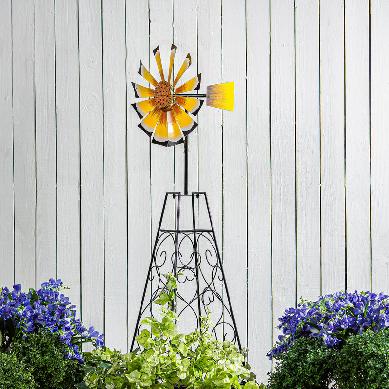 Petal & Plow Wind Spinner, Sunflower Trellis Windmill, 55"H