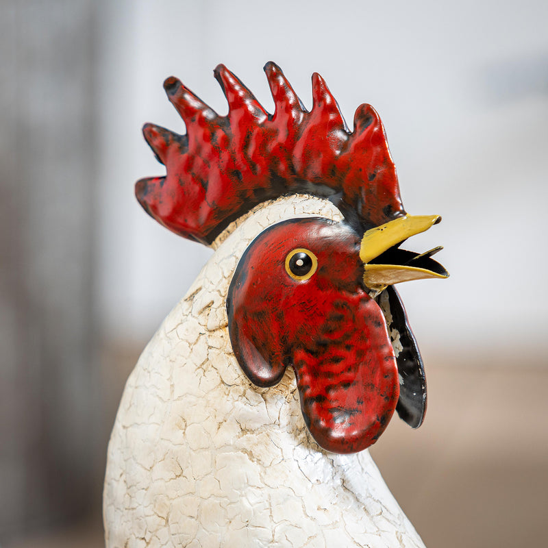 Petal & Plow Garden Statue, Metal Rooster With Light Feathers, 14"H