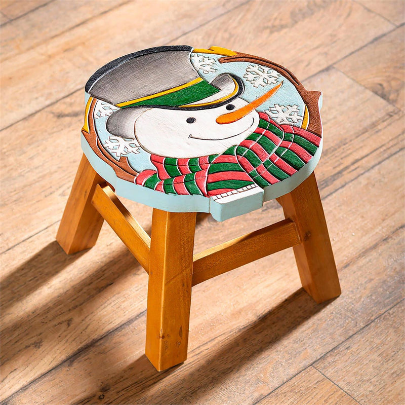 Hand-Carved Acacia Wood Snowman Footstool