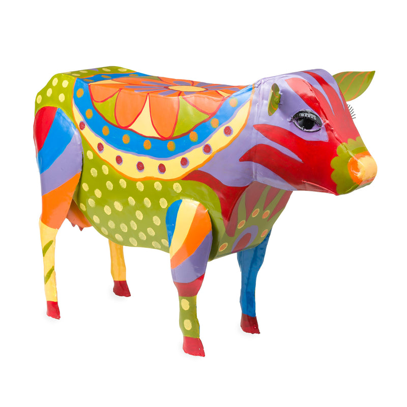 Handmade Colorful Painted Folk Art Cow Metal Side Table